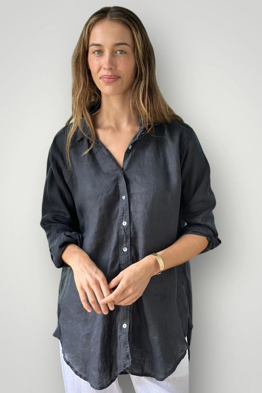 Frockk charcoal linen button up Skyla shirt.