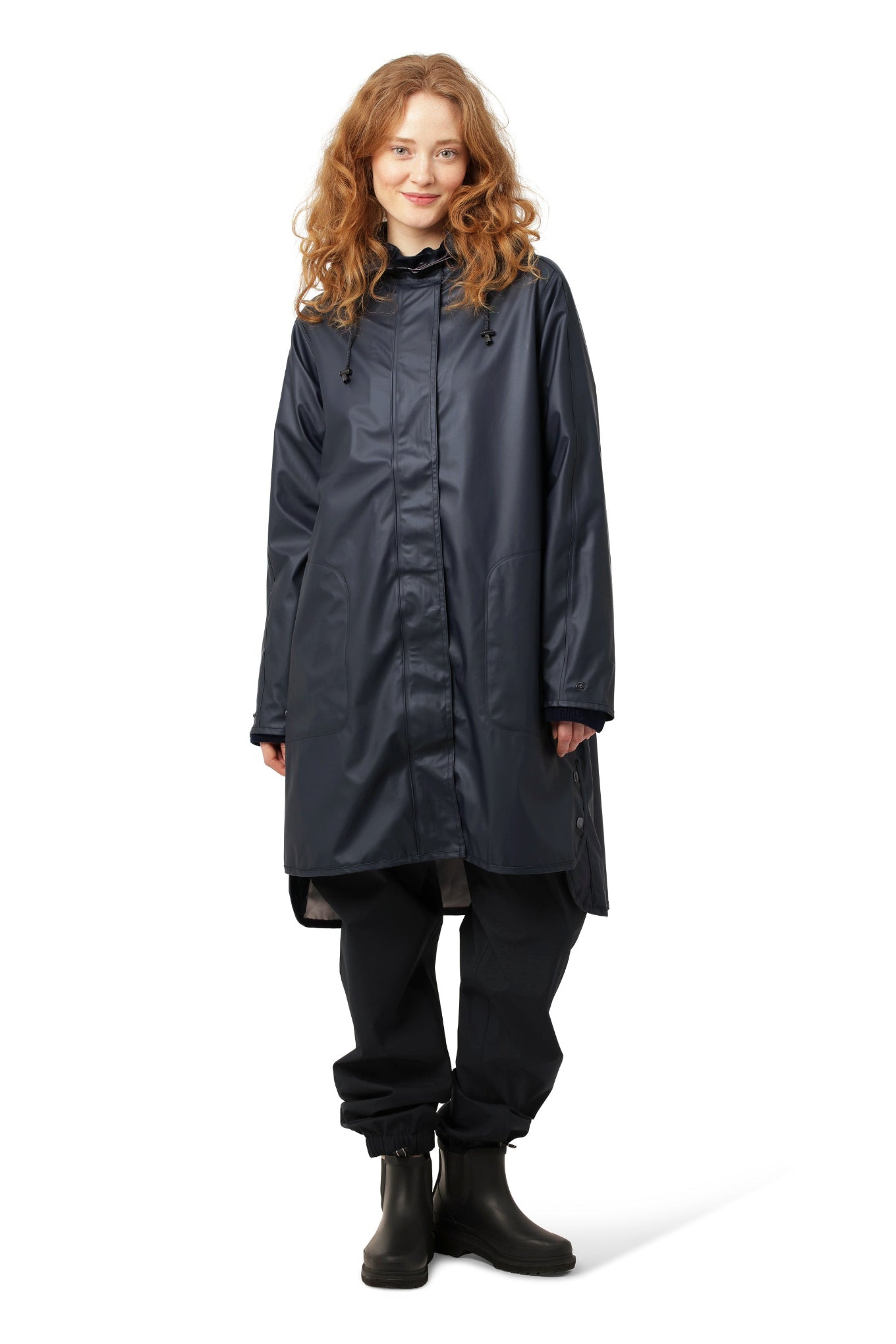 Ilse Jacobsen Rain71 Rain 71 long slightly A-line raincoat with detachable hood, in Dark indigo navy.