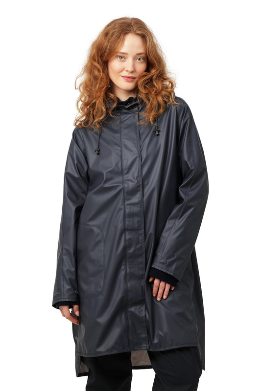 Ilse Jacobsen Rain71 Rain 71 long slightly A-line raincoat with detachable hood, in Dark indigo navy.