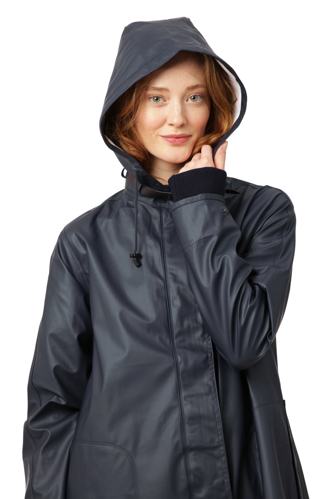 Ilse Jacobsen Rain71 Rain 71 long slightly A-line raincoat with detachable hood, in Dark indigo navy.