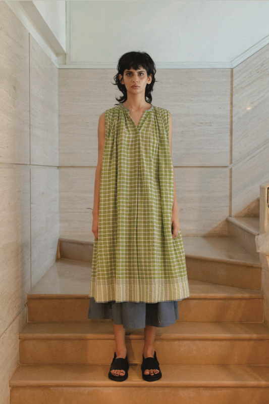 Runaway Bicycle Maria sleeveless button up dress in green check handloom cotton.
