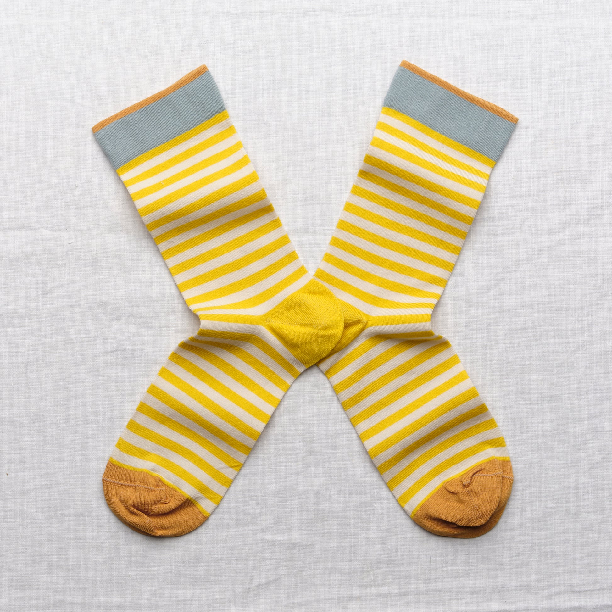 Bonne Maison yellow and white stripe cotton socks, made in France.