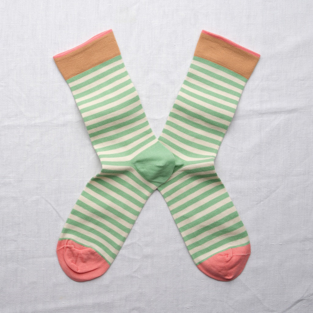 Bonne Maison made in France striped socks in lichen green and white.