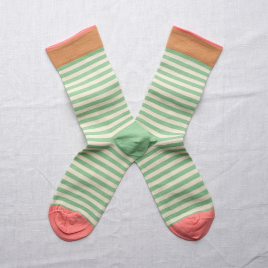 Bonne Maison made in France striped socks in lichen green and white.