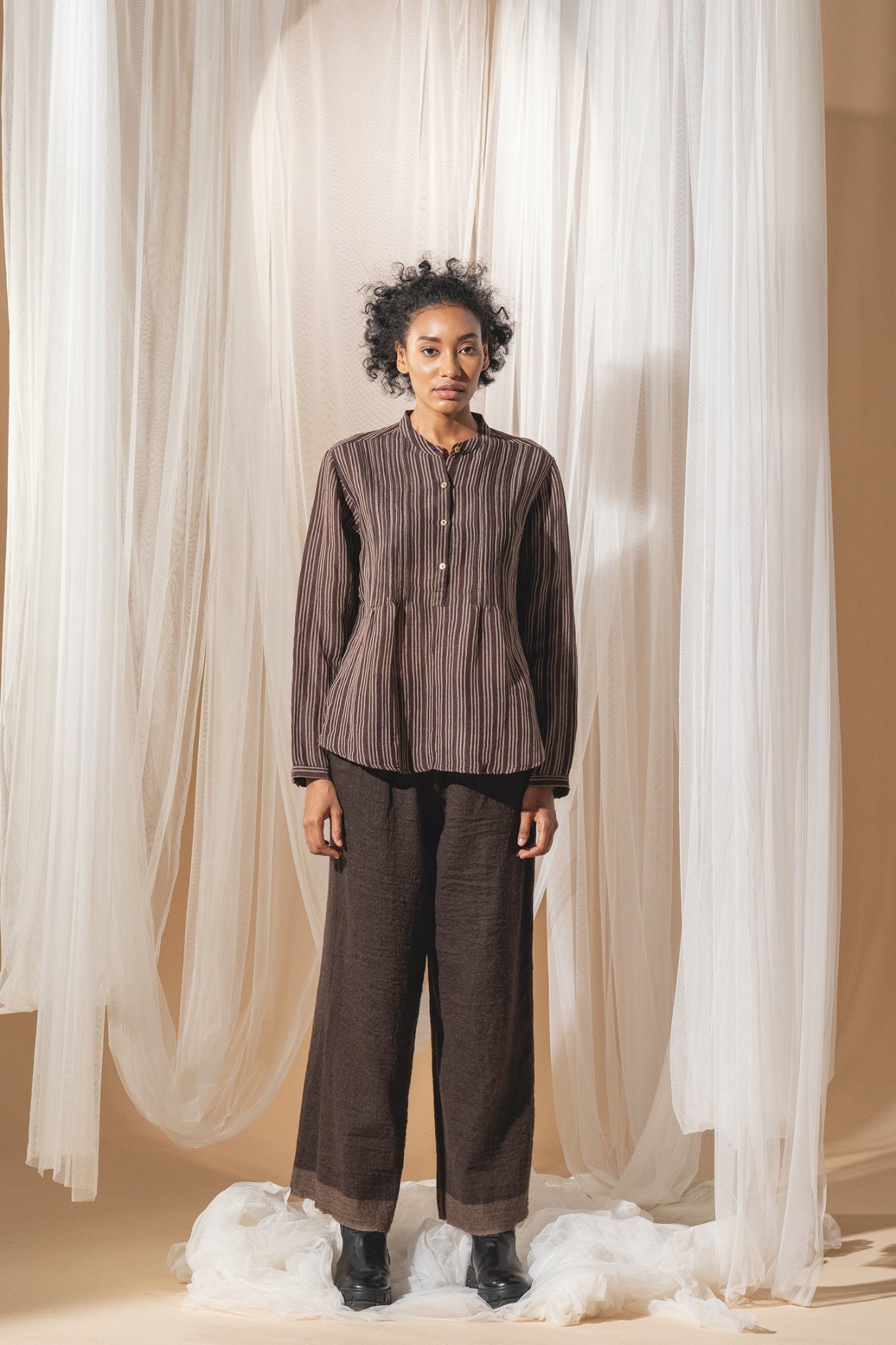 DVE pure wool wide leg Dityaa pants in dark brown.