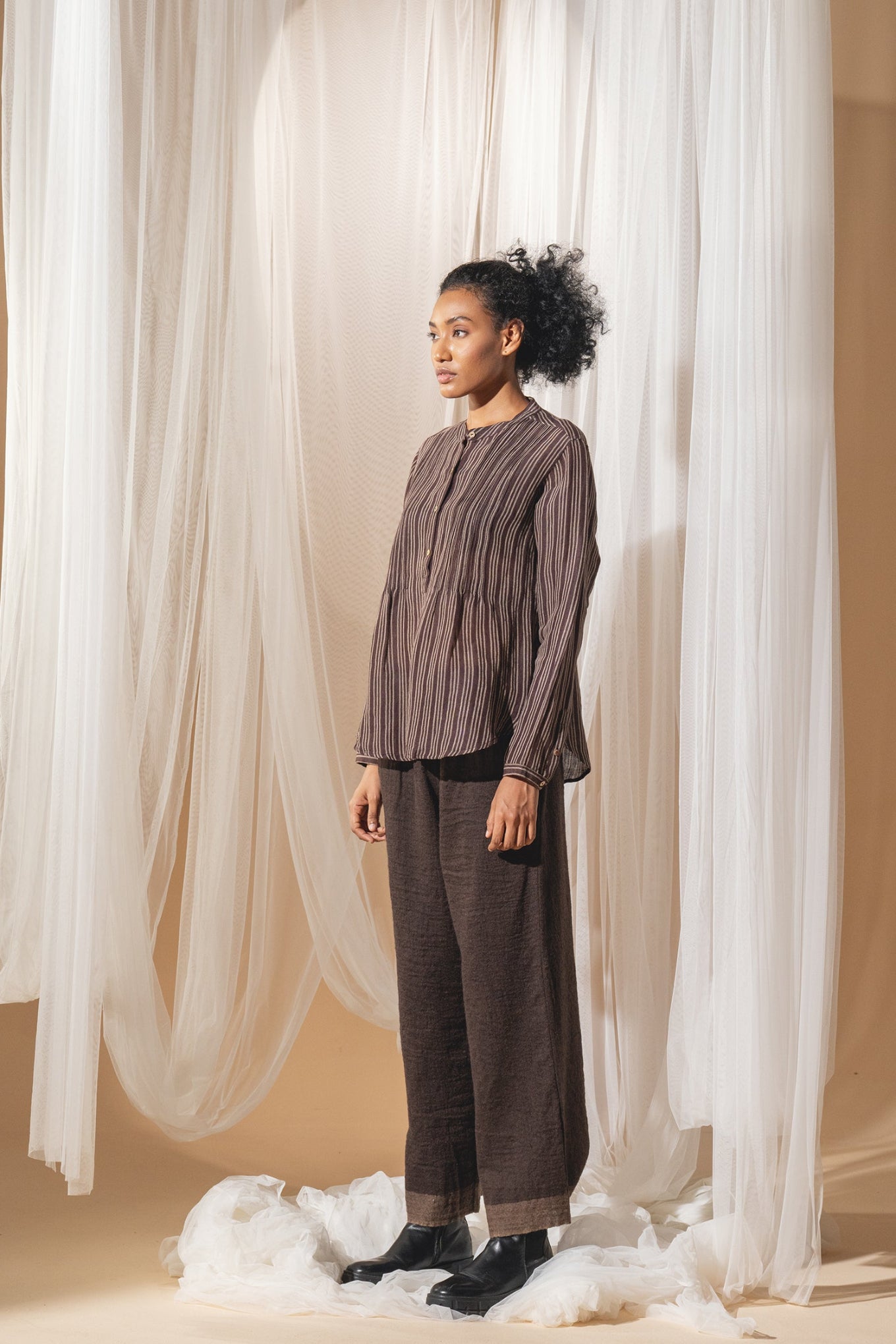 DVE pure wool wide leg Dityaa pants in dark brown.