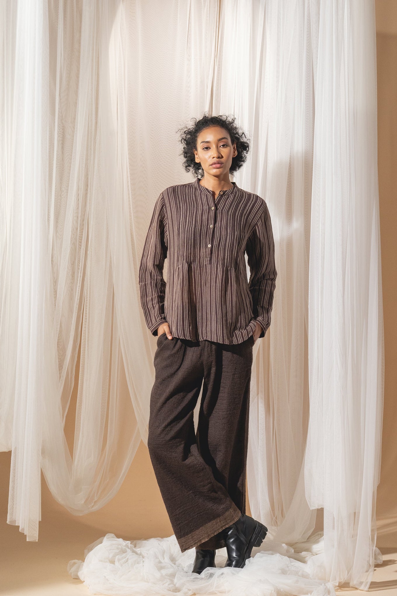 DVE pure wool wide leg Dityaa pants in dark brown.