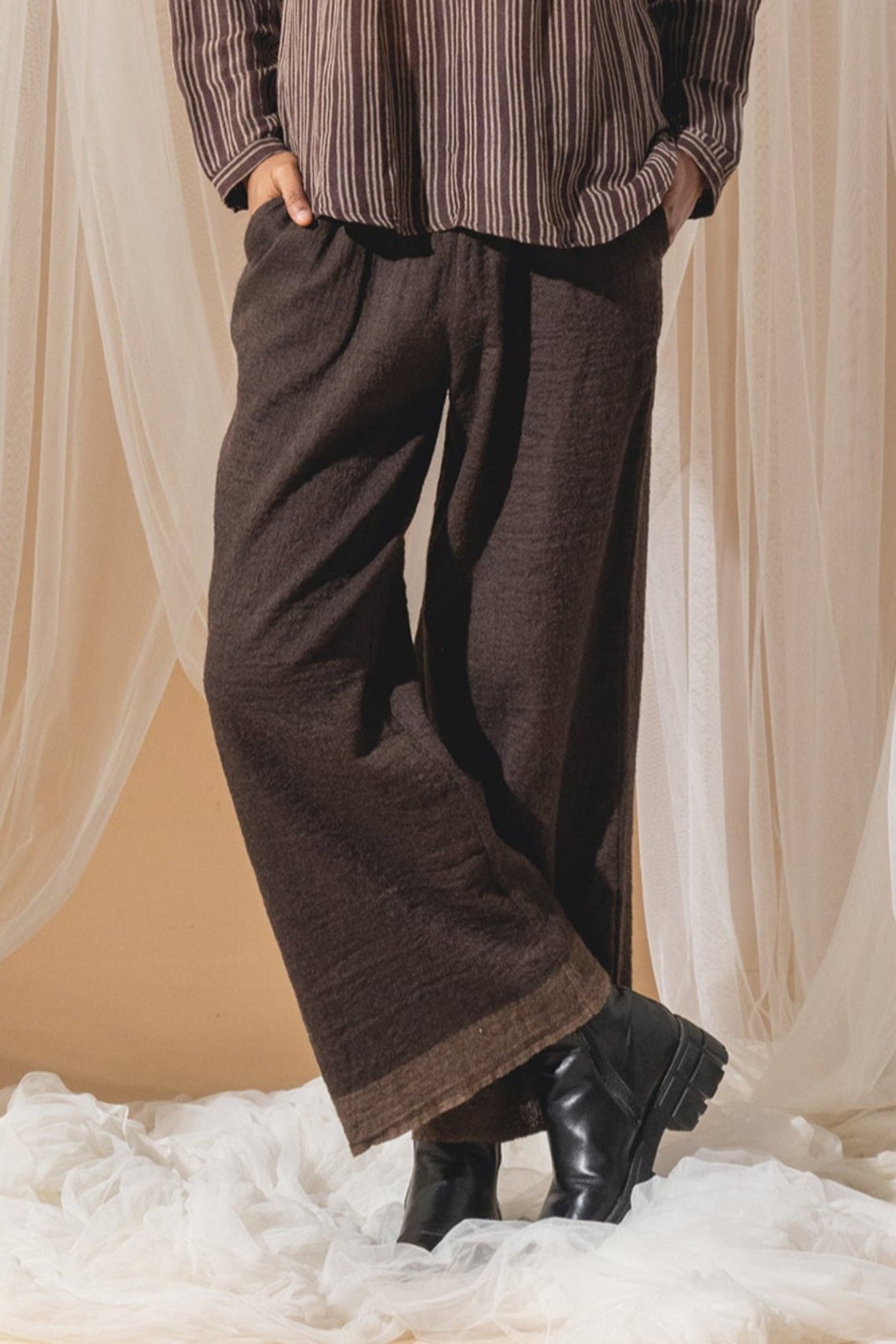 DVE pure wool wide leg Dityaa pants in dark brown.