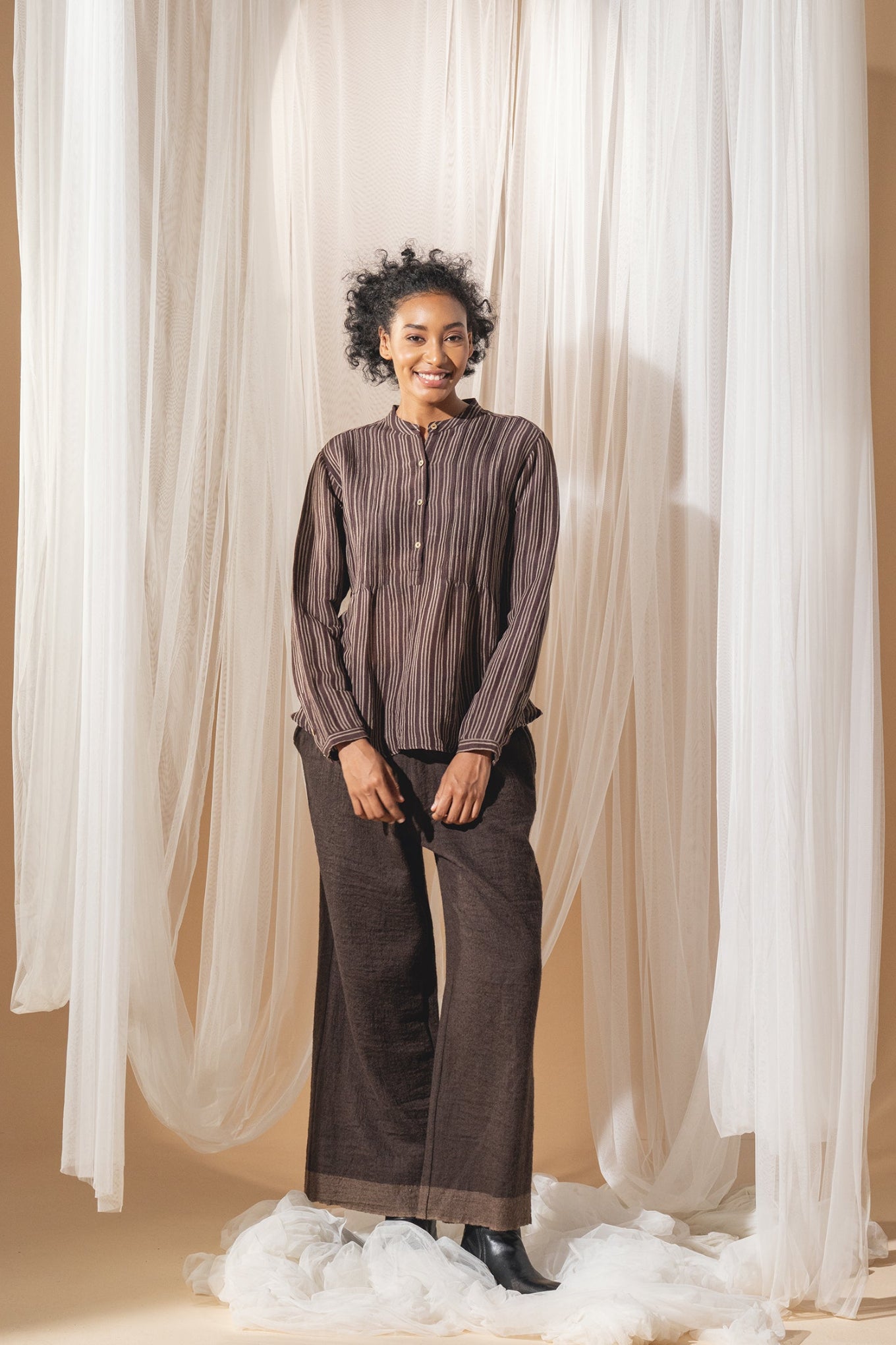 DVE pure wool wide leg Dityaa pants in dark brown.