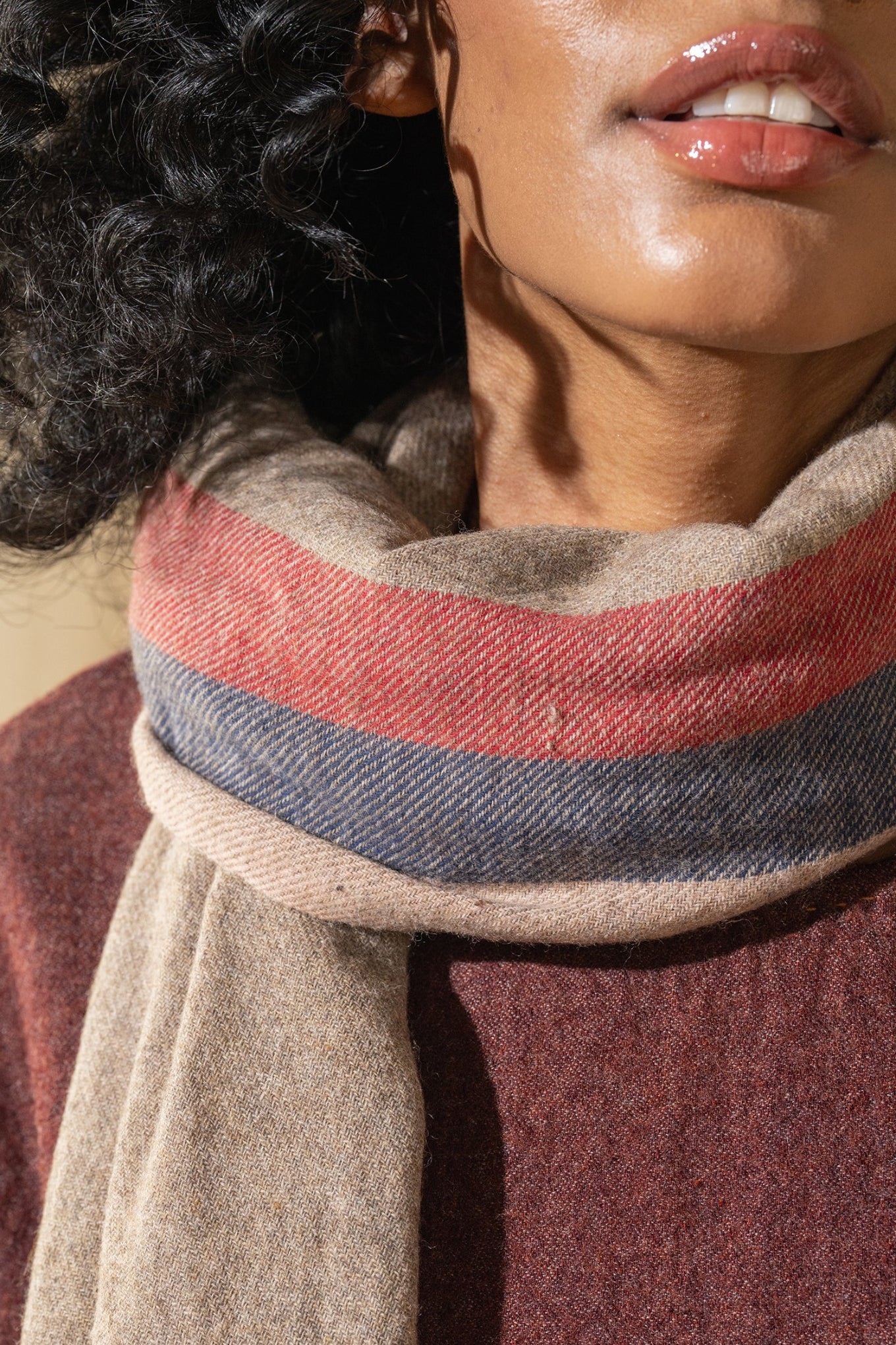 Dve soft wool scarf in oatmeal with red and navy selvedge stripes.