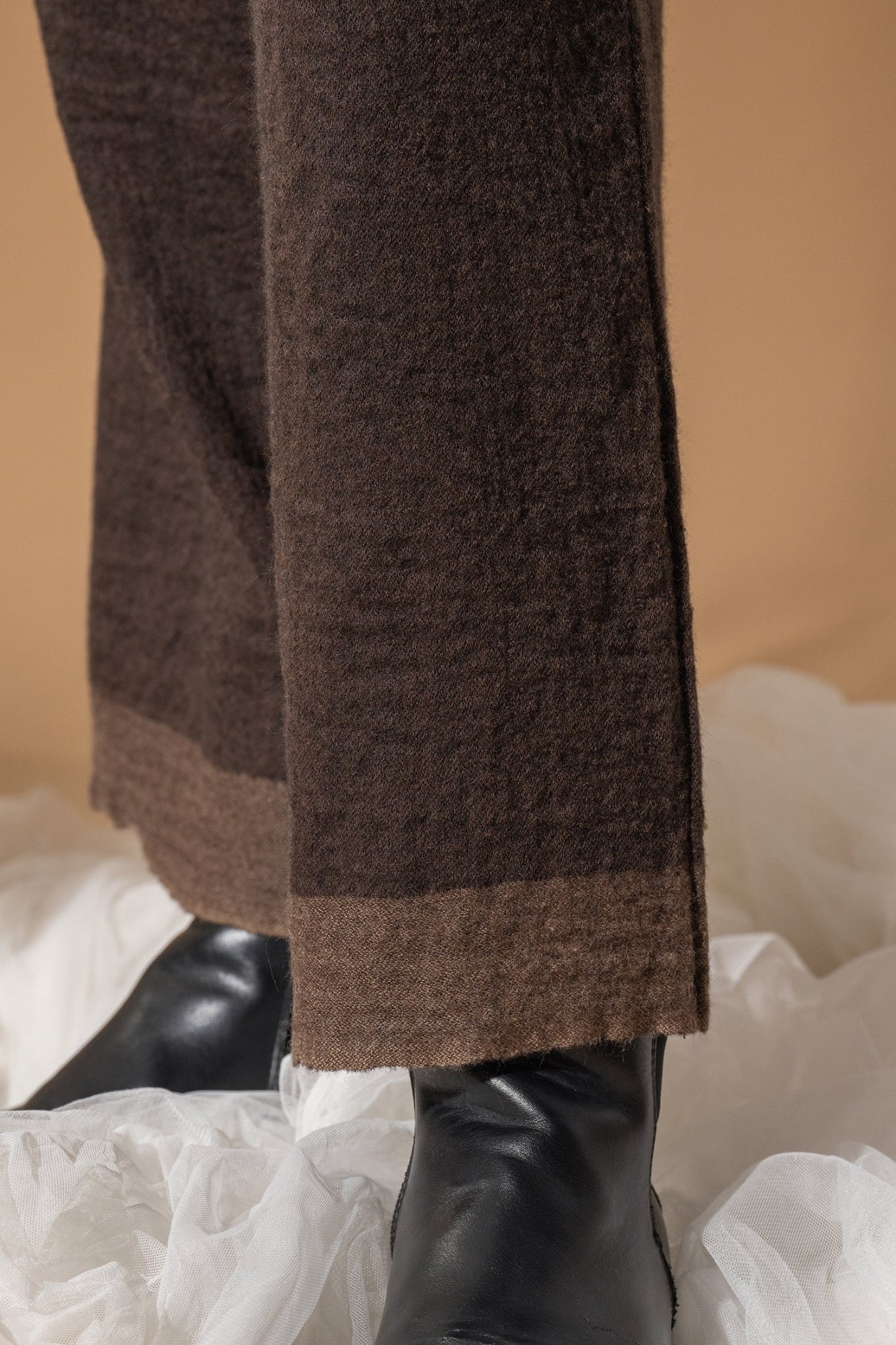 DVE pure wool wide leg Dityaa pants in dark brown.