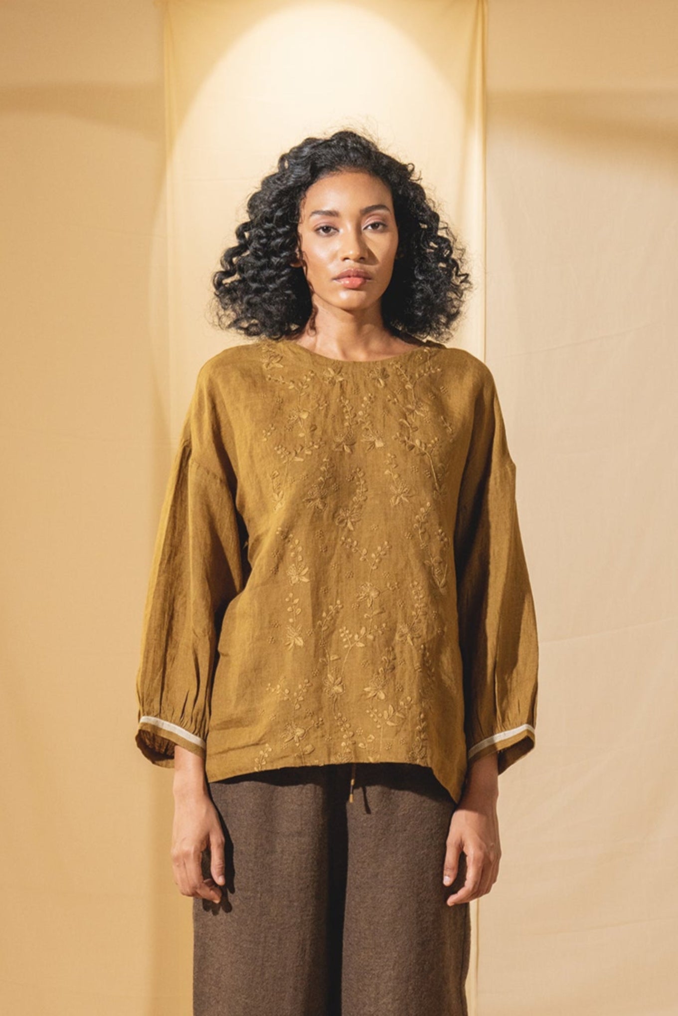 DVE Inaya blouse in embroidered mustard linen.