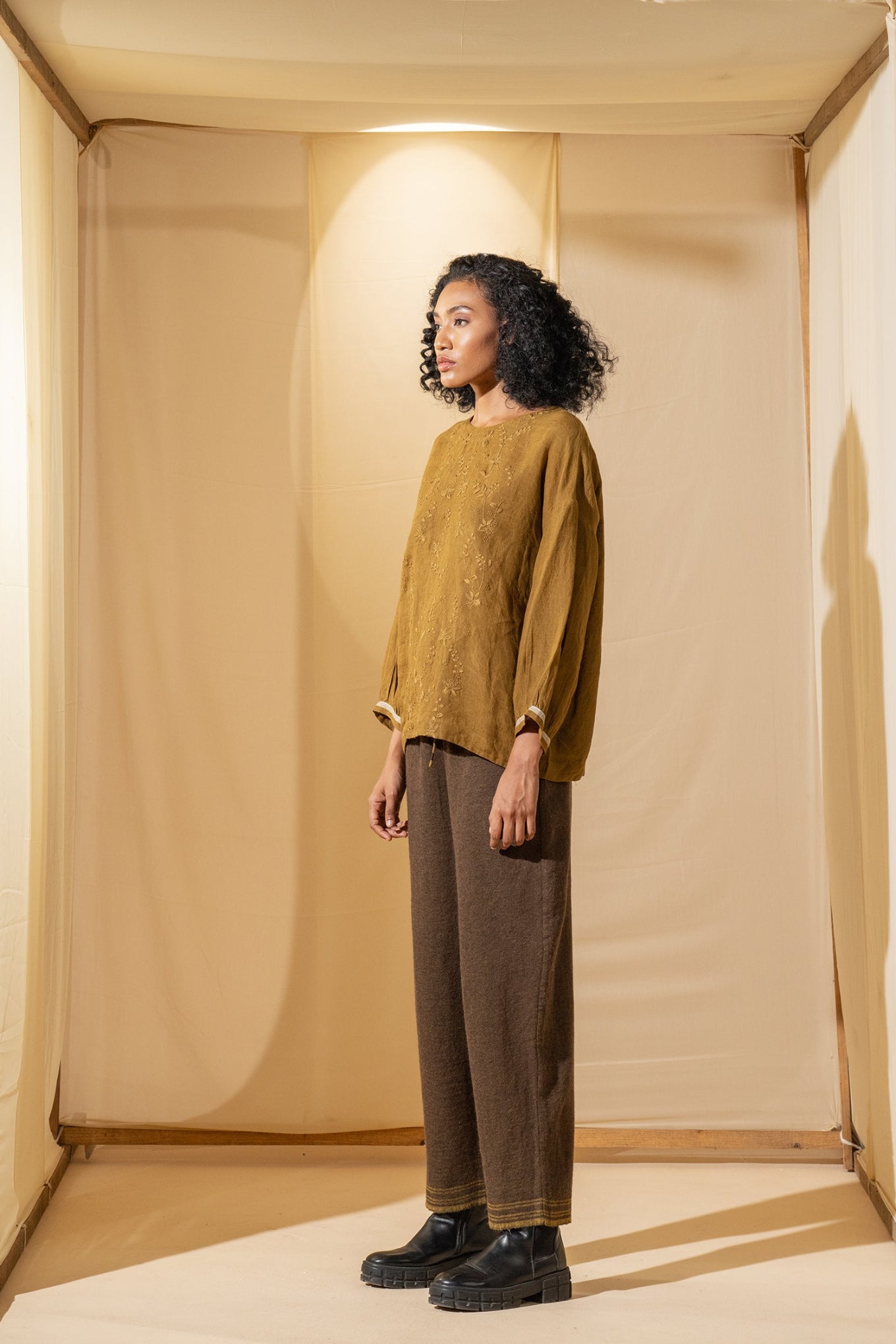 DVE Inaya blouse in embroidered mustard linen.