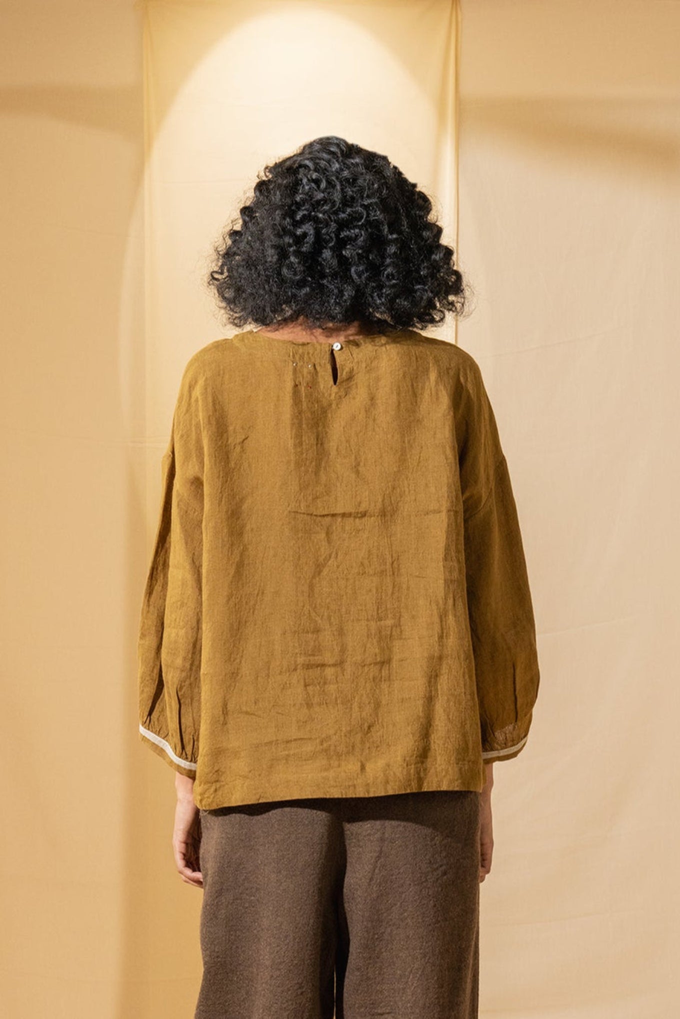 DVE Inaya blouse in embroidered mustard linen.