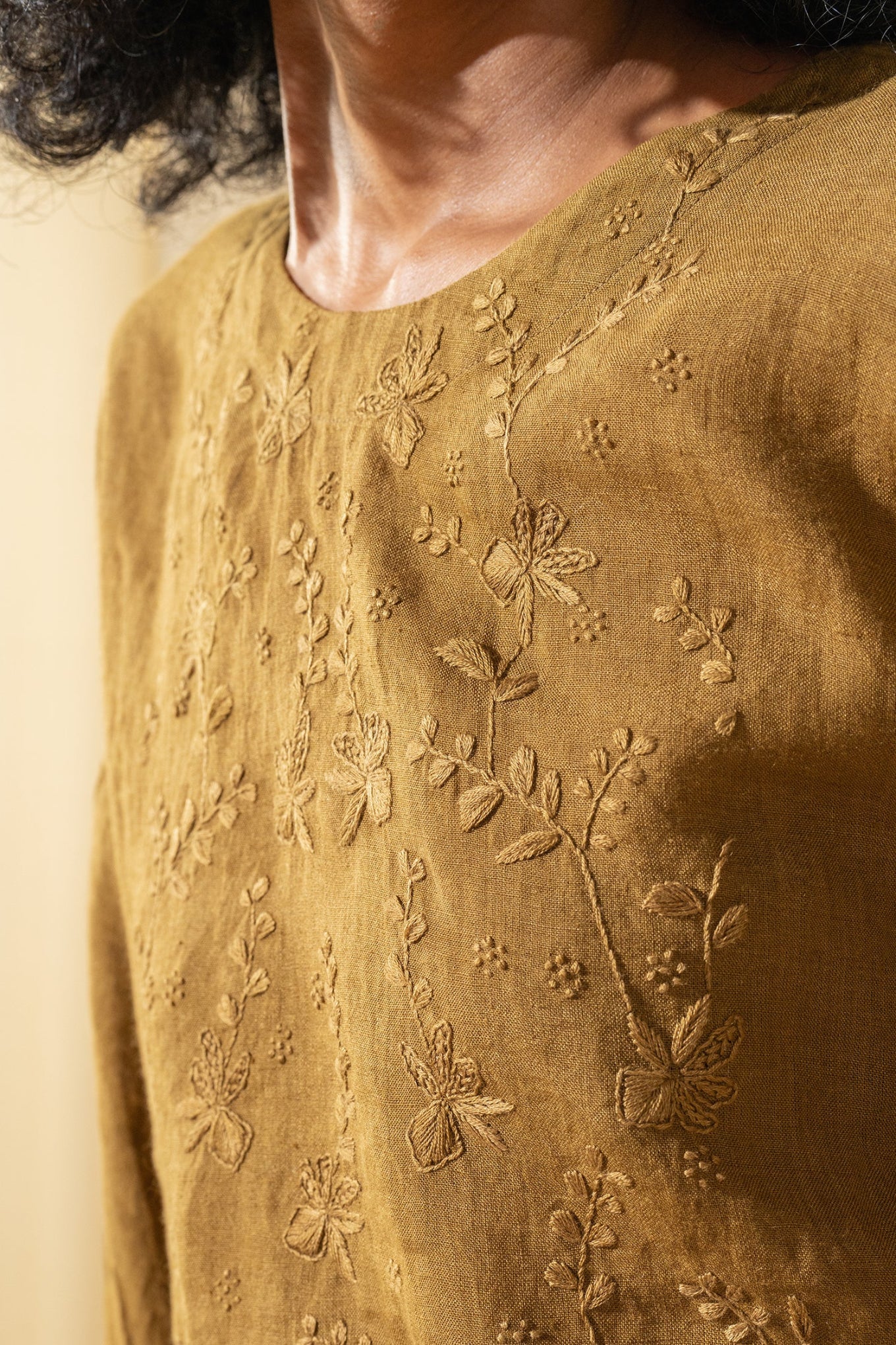 DVE Inaya blouse in embroidered mustard linen.