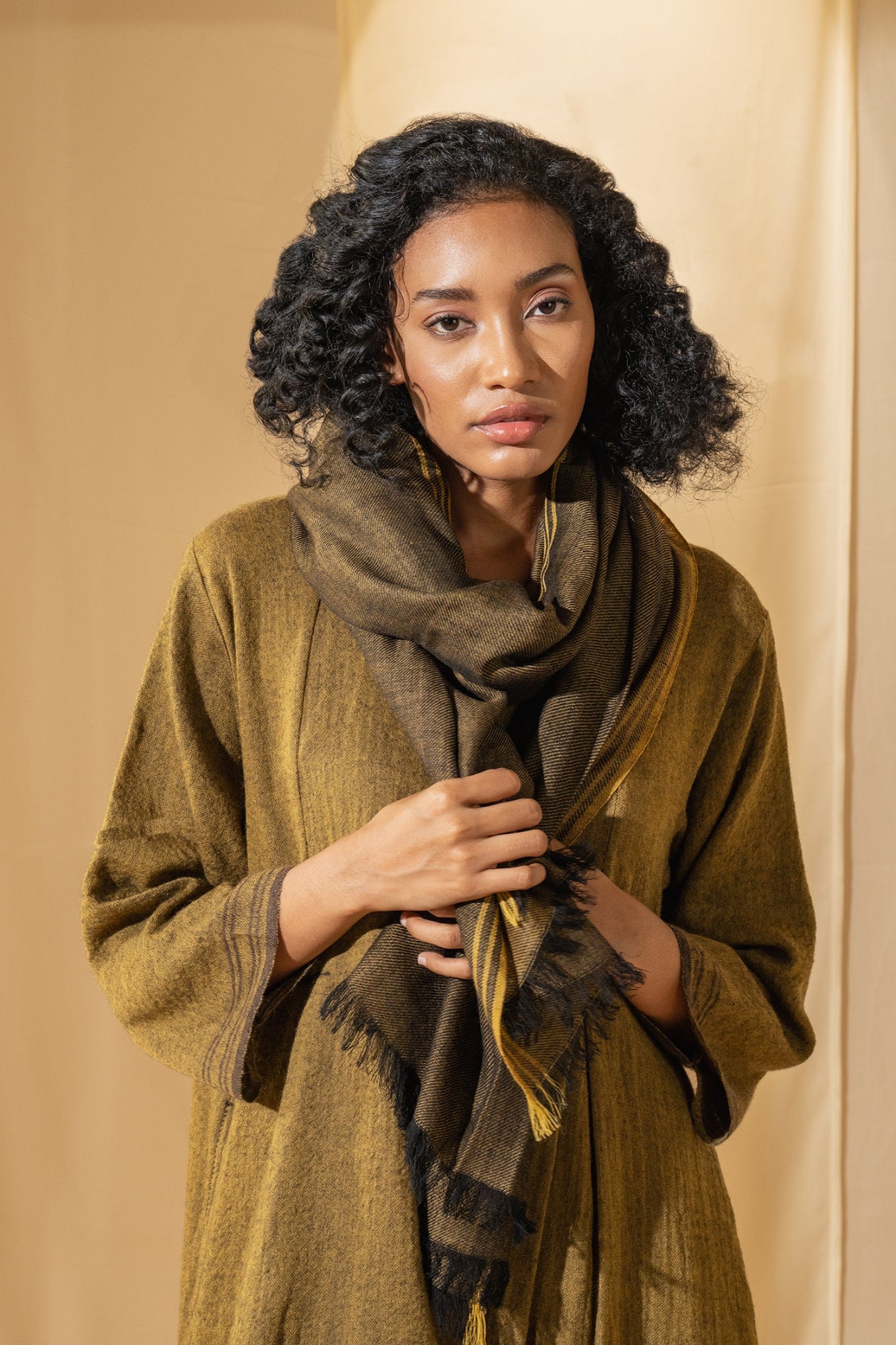 DVE wool scarf dark brown with mustard selvedge stripe.