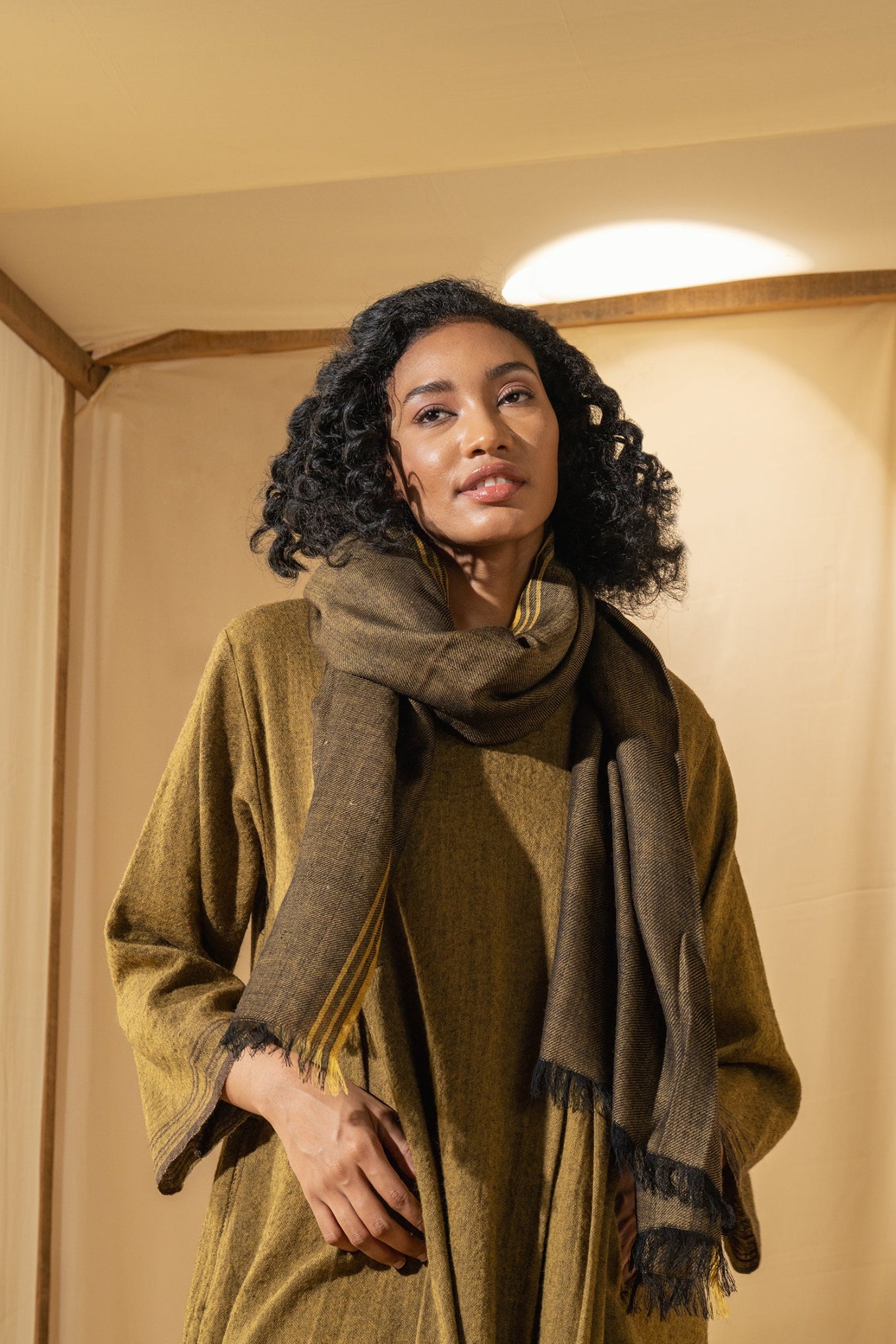 DVE wool scarf dark brown with mustard selvedge stripe.