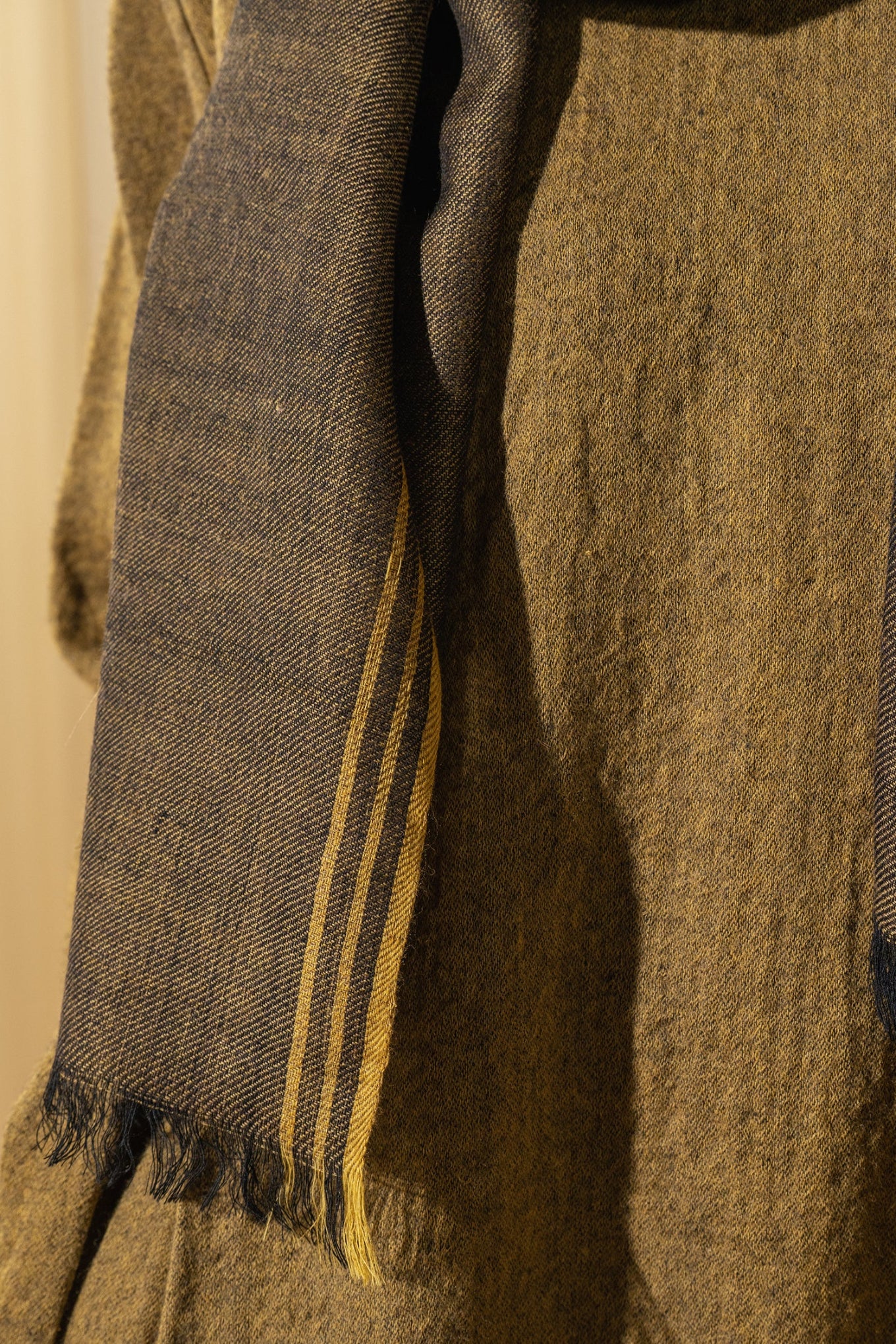 DVE wool scarf dark brown with mustard selvedge stripe.