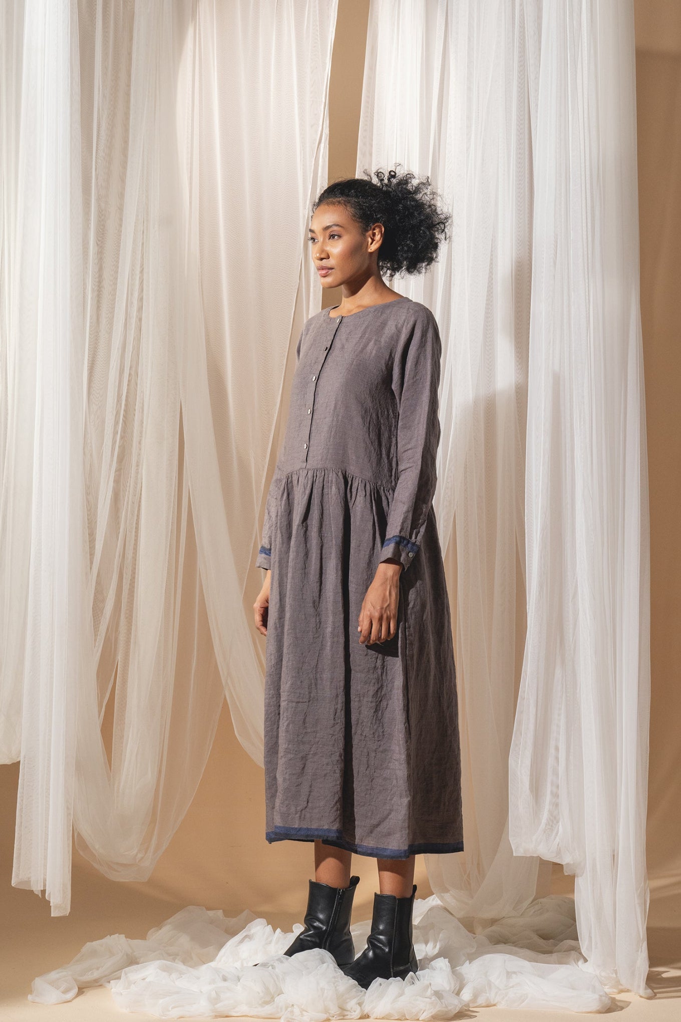 Dve Linen button up gathered skirt Reeva dress in handloom linen in storm grey.