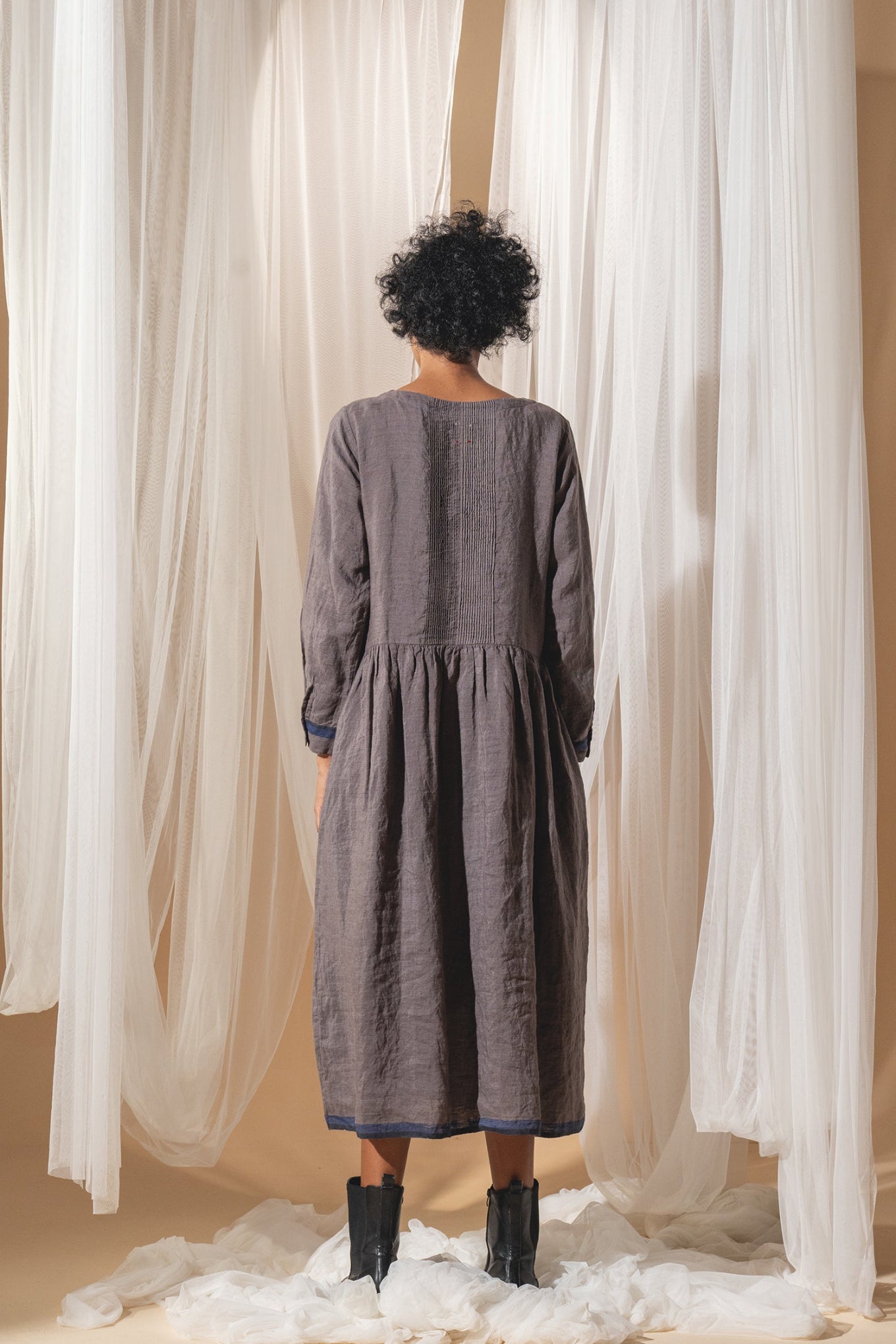 Dve Linen button up gathered skirt Reeva dress in handloom linen in storm grey.