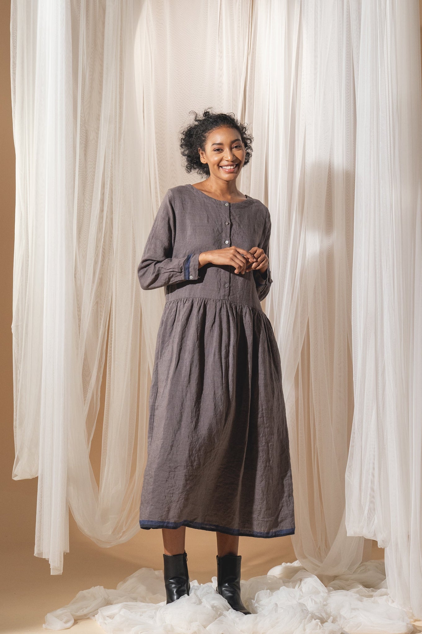 Dve Linen button up gathered skirt Reeva dress in handloom linen in storm grey.