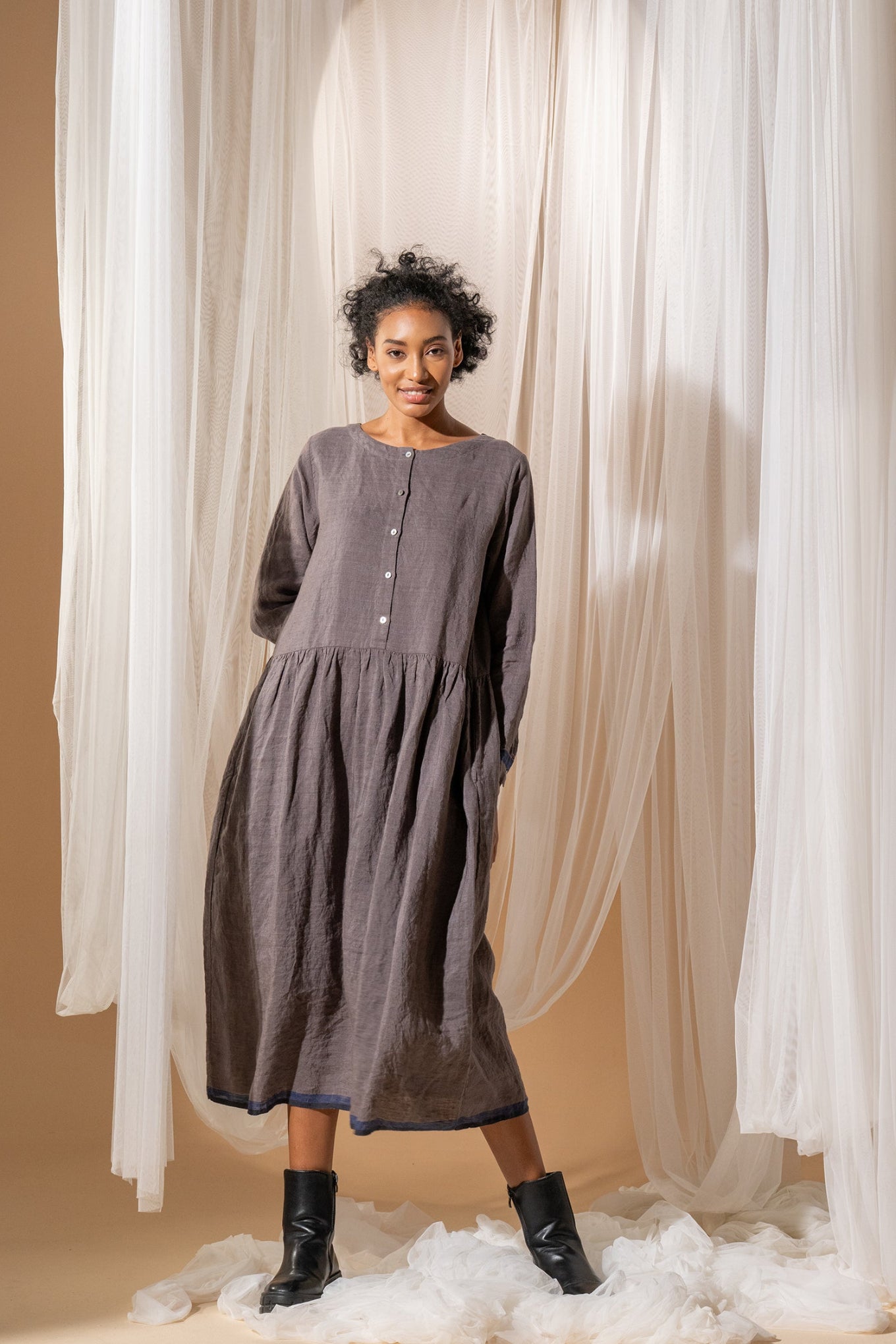 Dve Linen button up gathered skirt Reeva dress in handloom linen in storm grey.