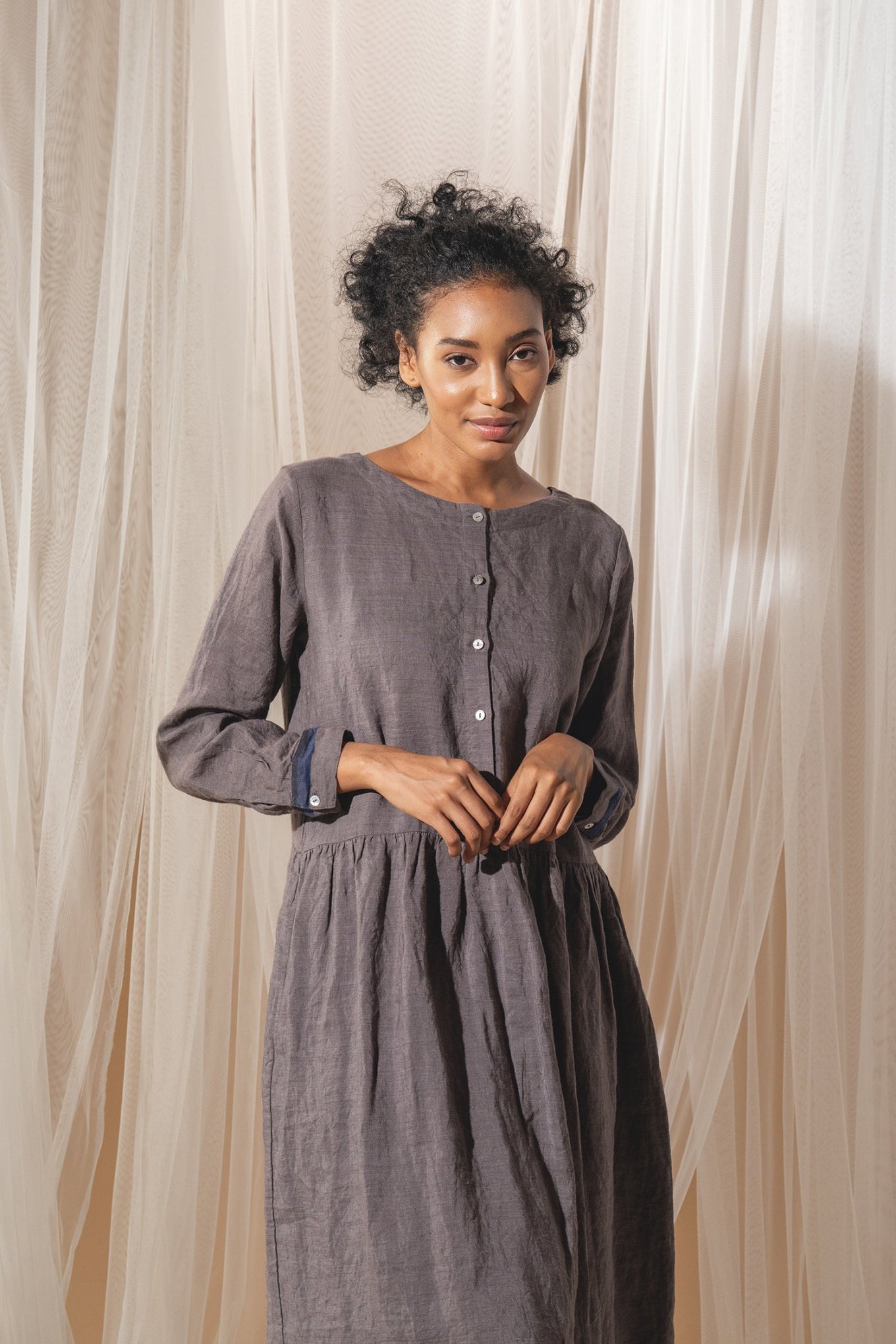 Dve Linen button up gathered skirt Reeva dress in handloom linen in storm grey.