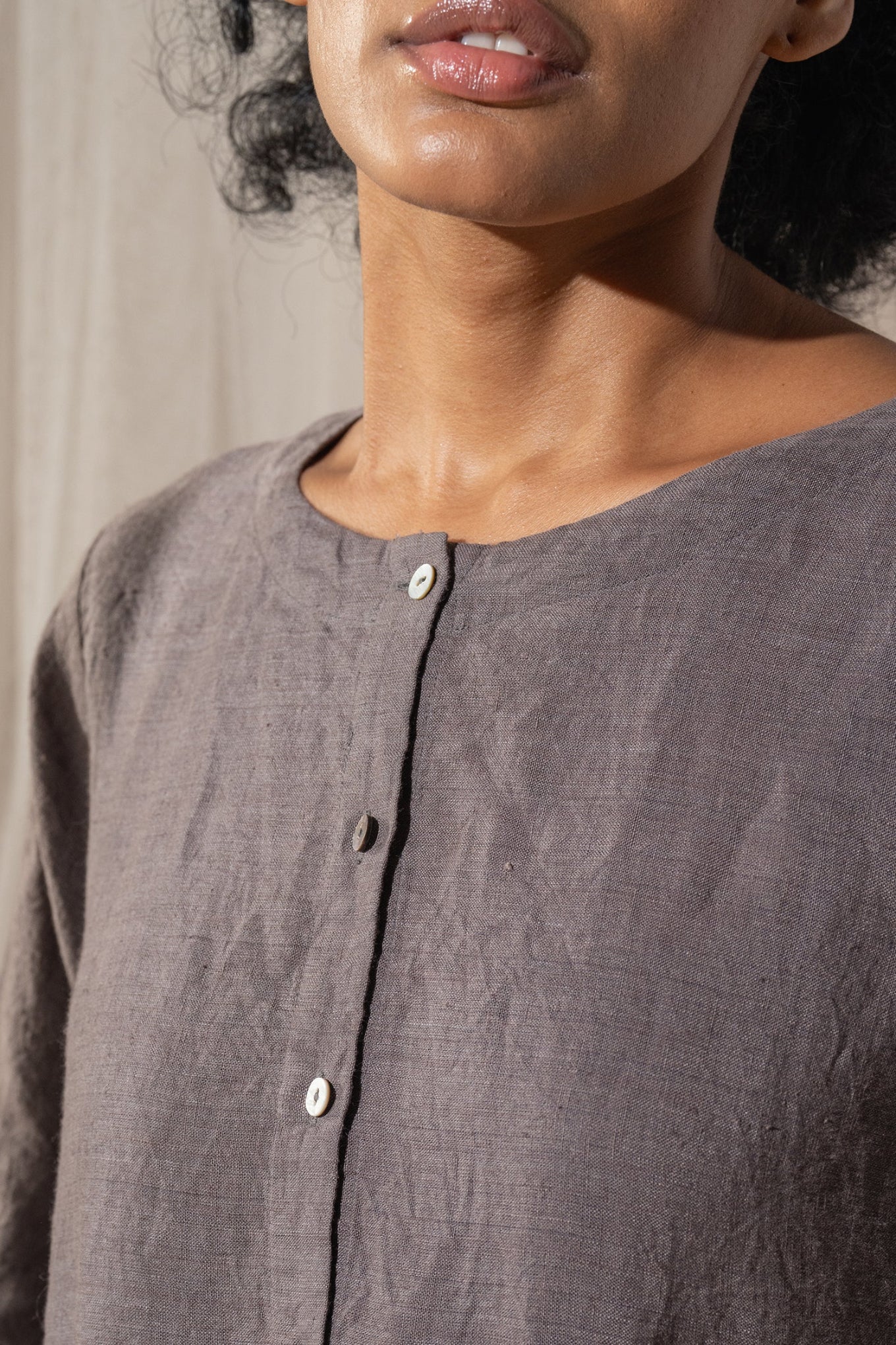 Dve Linen button up gathered skirt Reeva dress in handloom linen in storm grey.