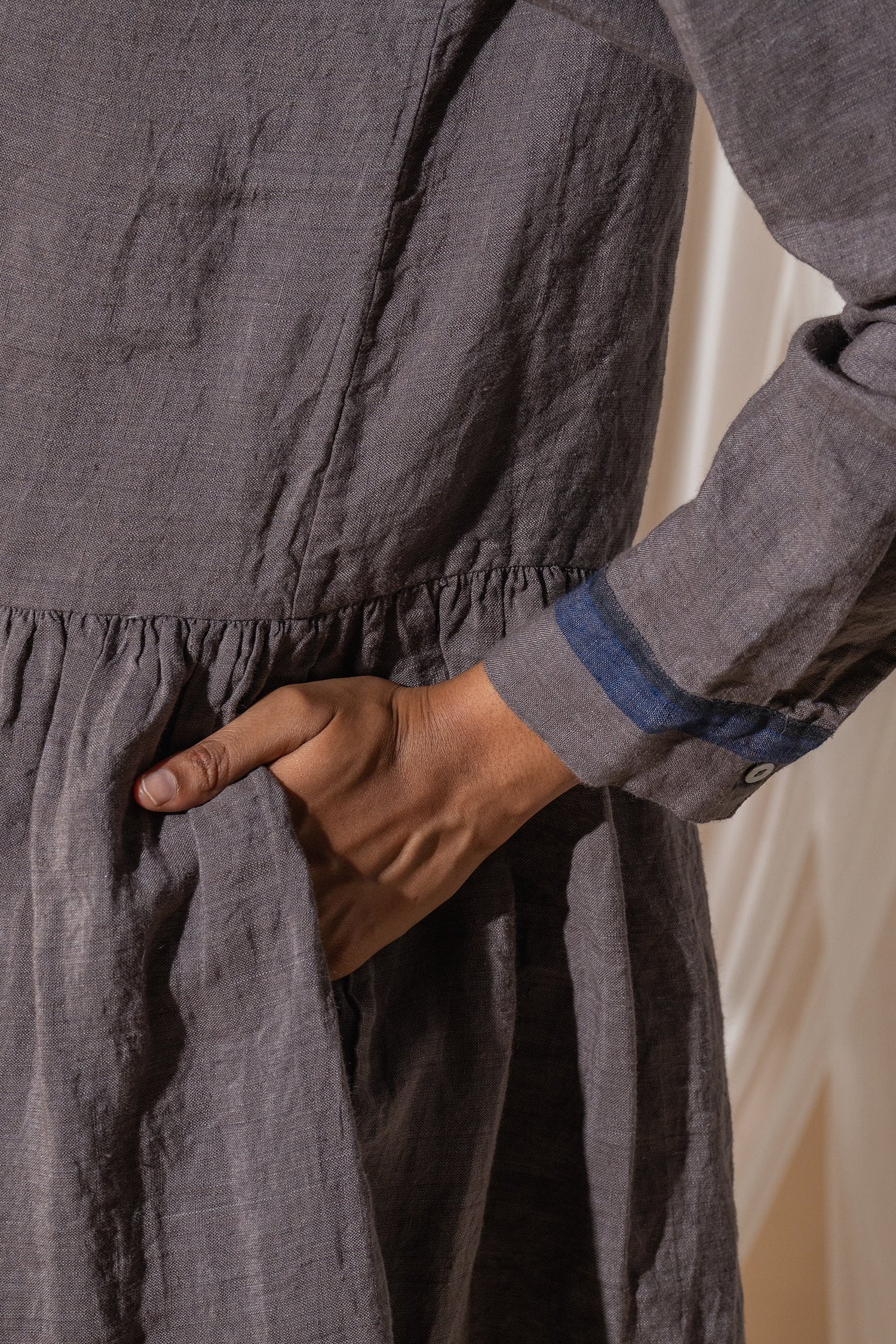 Dve Linen button up gathered skirt Reeva dress in handloom linen in storm grey.