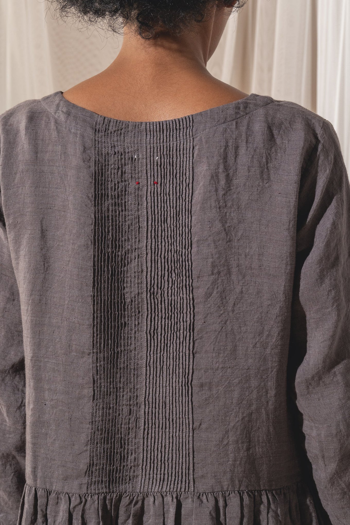 Dve Linen button up gathered skirt Reeva dress in handloom linen in storm grey.