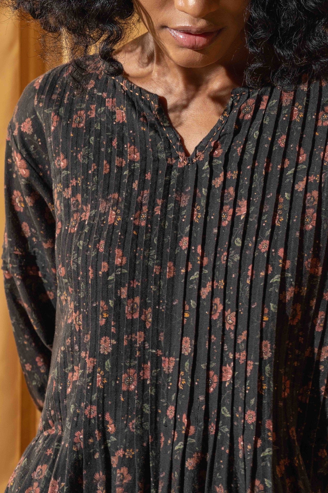 DVE Bhavya cotton linen long sleeve dress with pintucks in charcoal floral print.