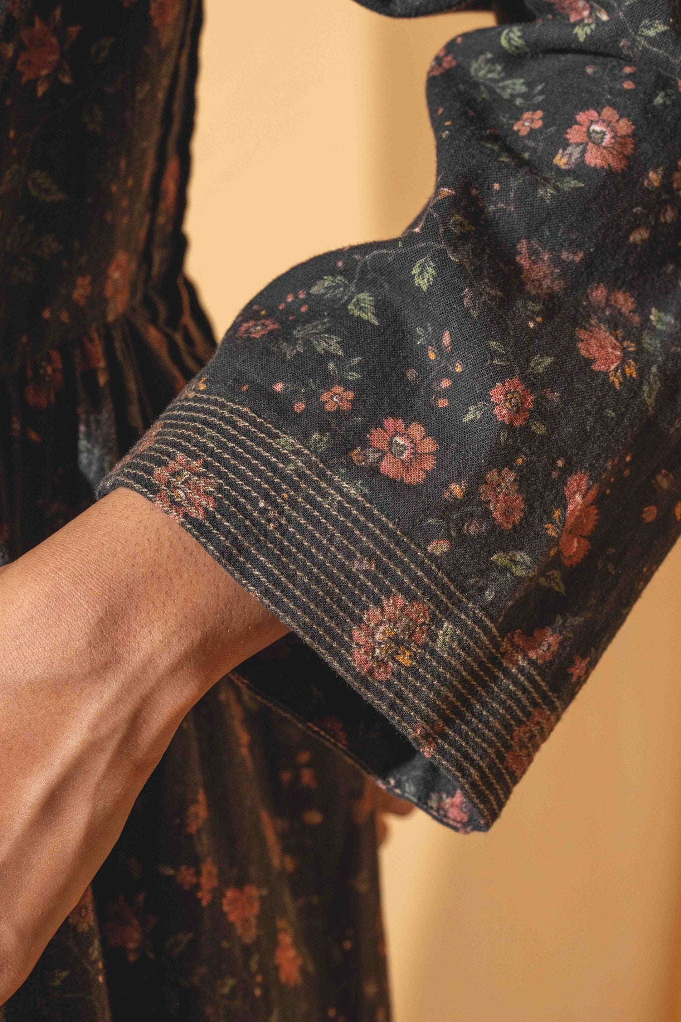DVE Bhavya cotton linen long sleeve dress with pintucks in charcoal floral print.