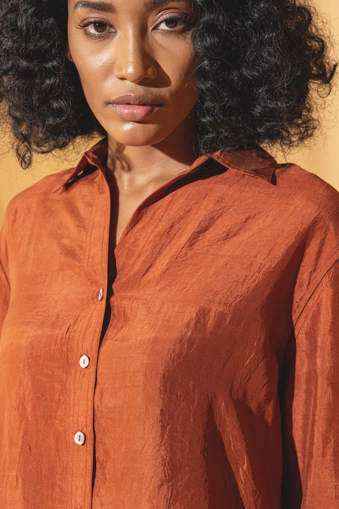 Dve Collection Arha silk button up blouse in rust.