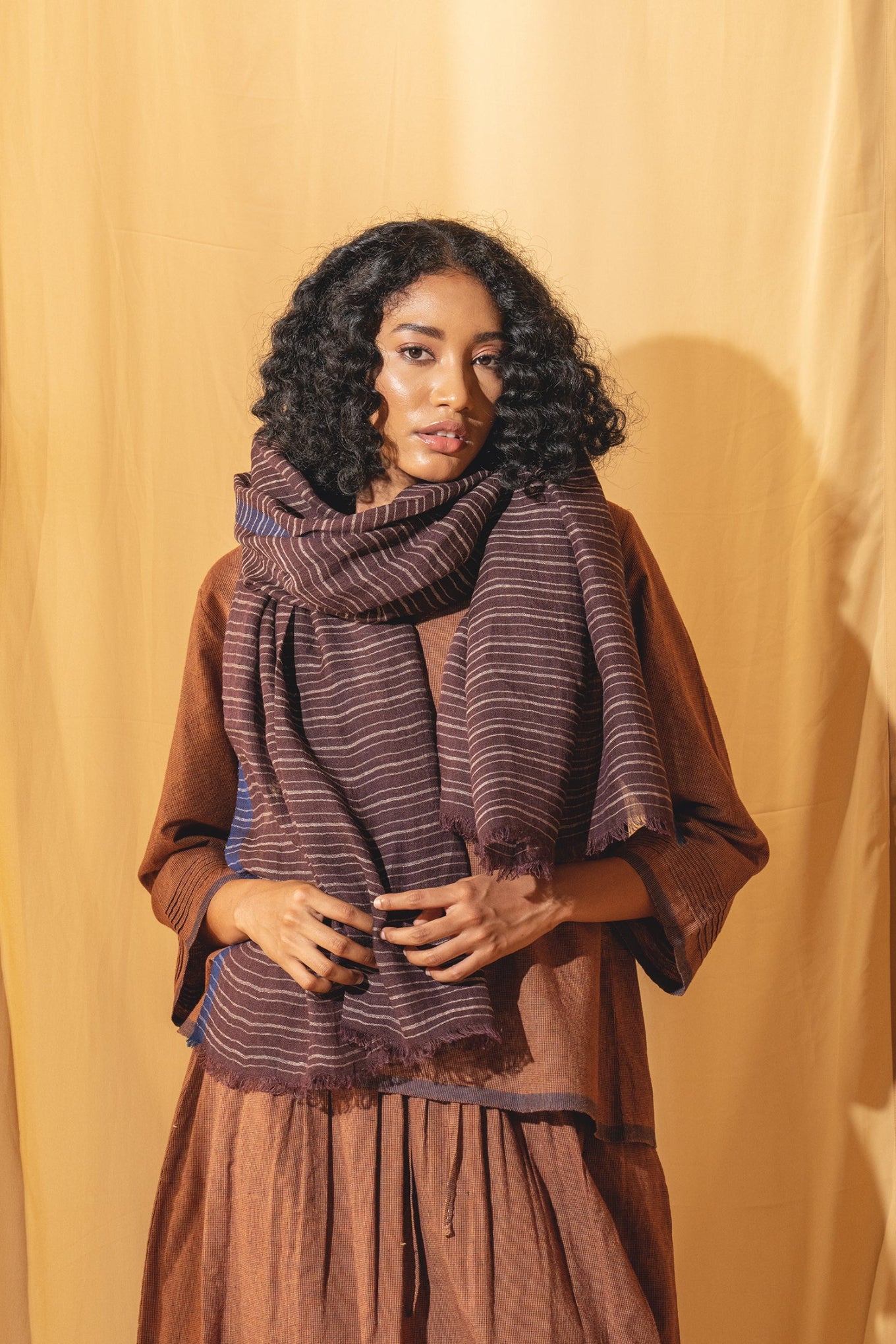 DVE Brown and ecru stripe linen scarf.