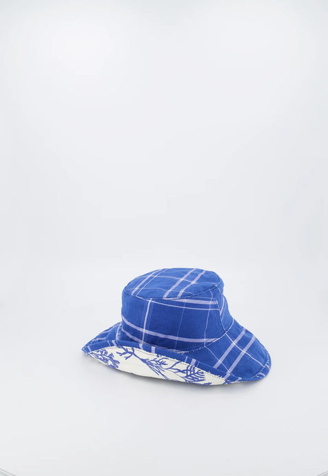 Nancybird cotton canvas blue and white reversible bucket hat.