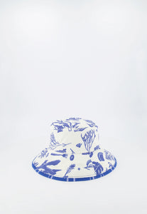 Nancybird cotton canvas blue and white reversible bucket hat.