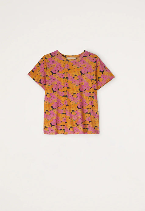 Nancybird organic cotton Apollo tshirt floral print in mustard and pink.