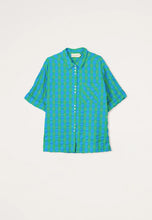 Load image into Gallery viewer, Nancybird blue and green verdant check seersucker Yaya button up short sleeve shirt.