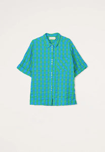 Nancybird blue and green verdant check seersucker Yaya button up short sleeve shirt.