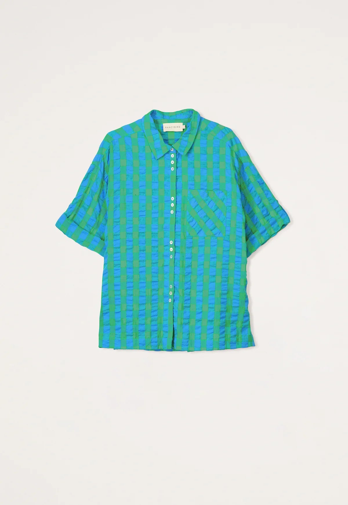 Nancybird blue and green verdant check seersucker Yaya button up short sleeve shirt.