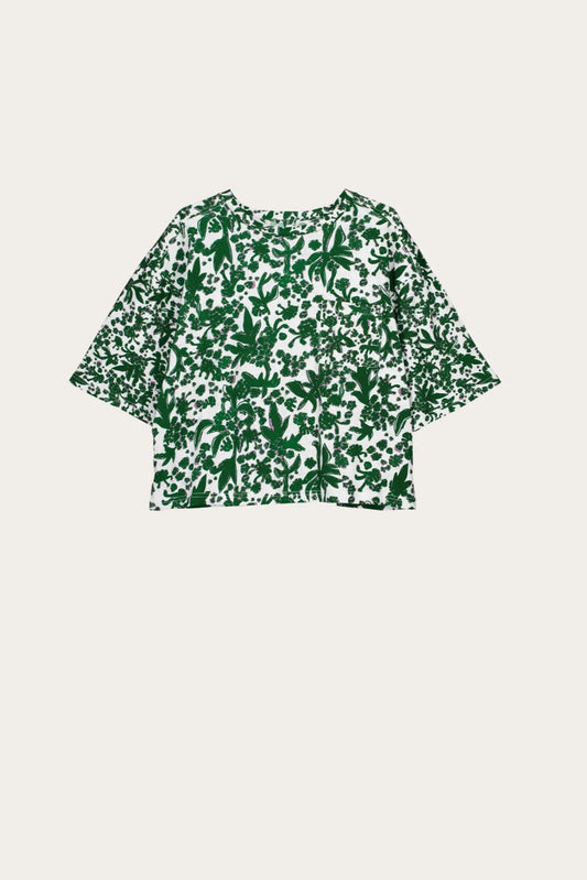 Nancybird tasmin boxy tee in organic cotton jersey parsley green and white print.