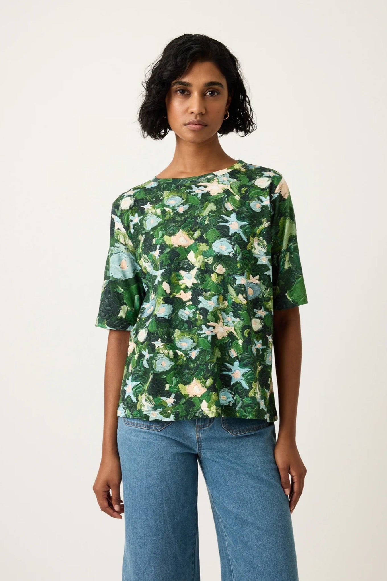 Nancybird Grace tee classic tshirt in organic cotton featuring green garden print.