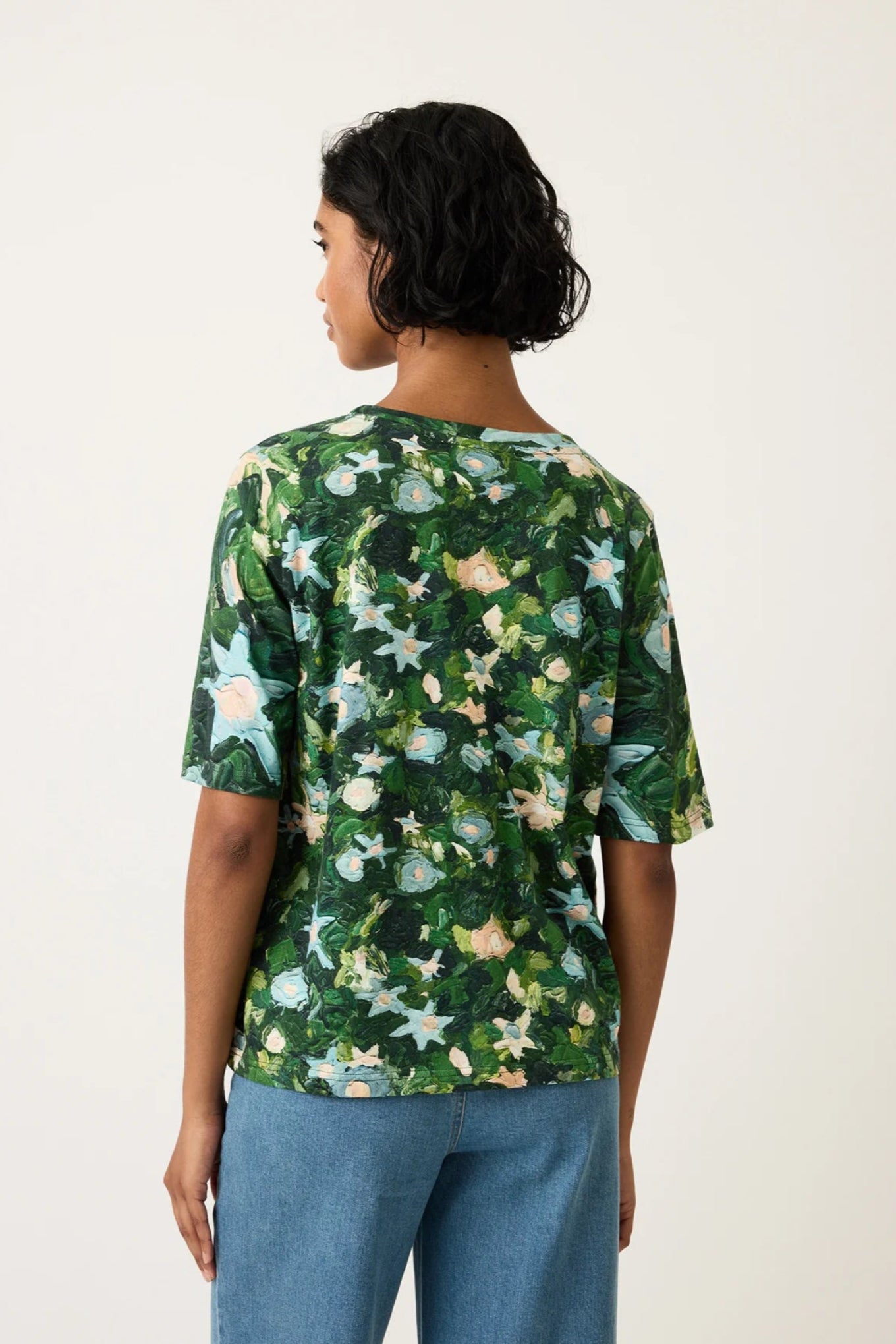 Nancybird Grace tee classic tshirt in organic cotton featuring green garden print.