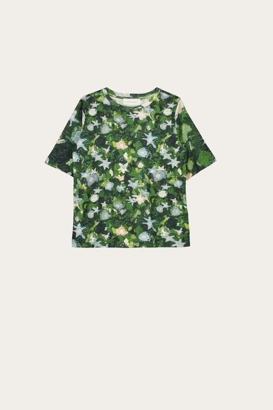 Nancybird Grace tee classic tshirt in organic cotton featuring green garden print.