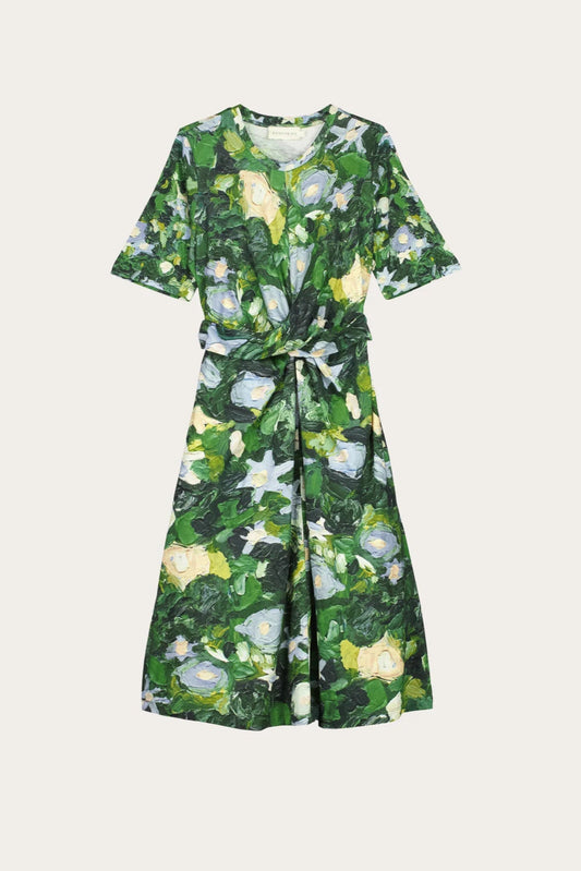 Nancybird organic cotton short sleeve wrap Terra dress in green garden print.