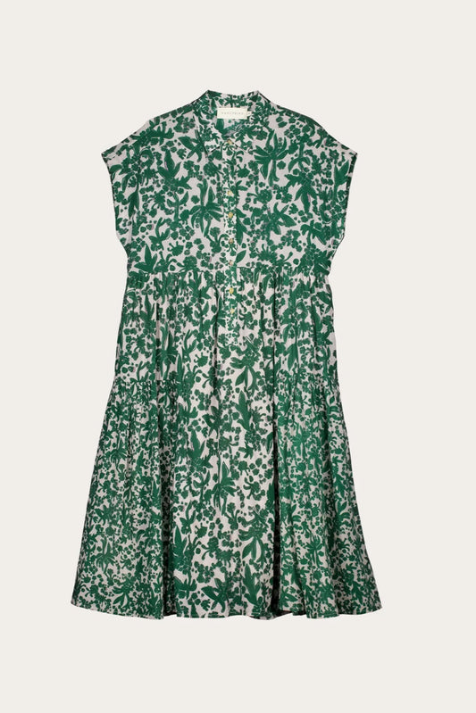 Nancybird cotton voile button up short sleeved shirt dress Maja in green and white parsley print.