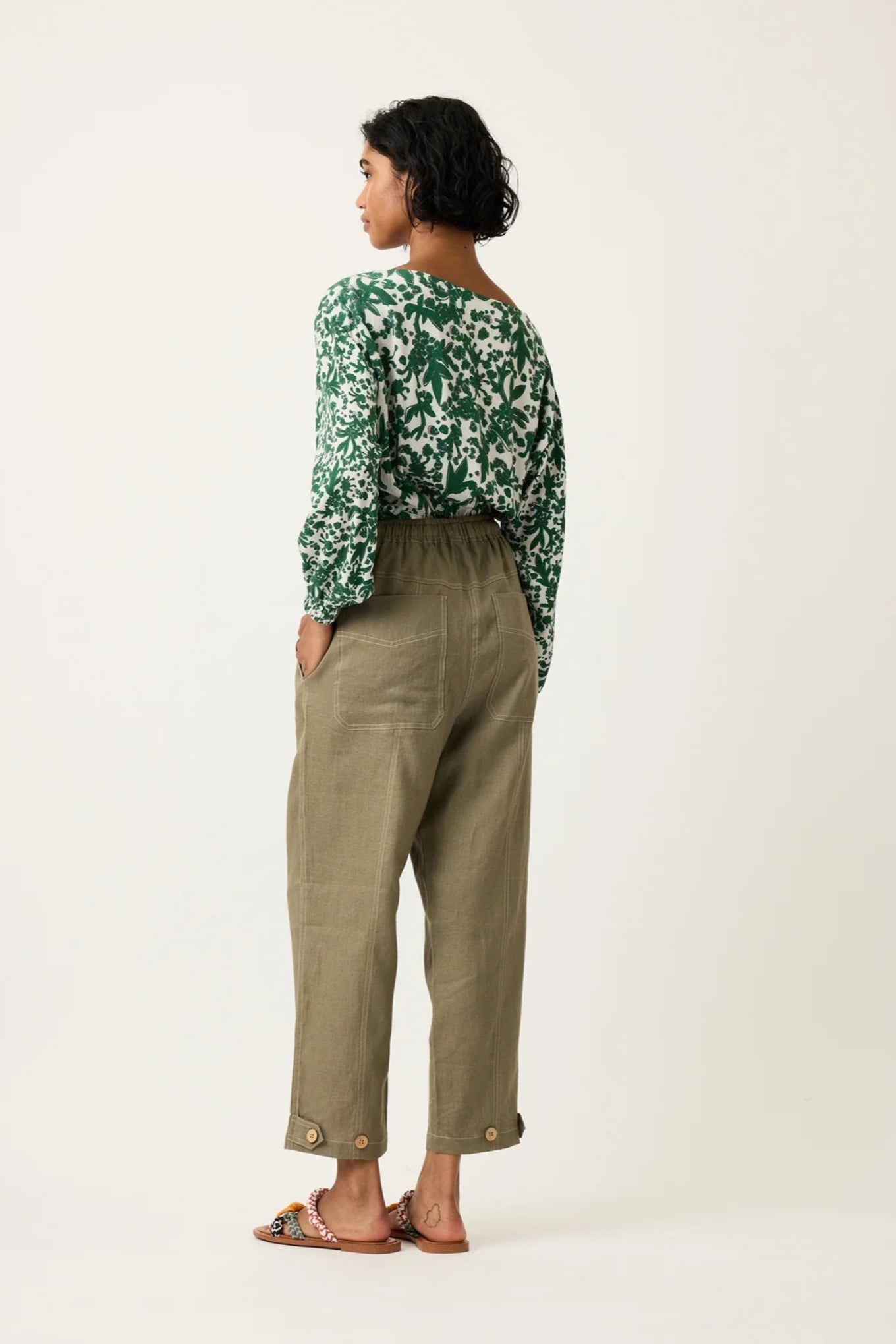 Nancybird soft cotton elastic waist Sol pant in khaki agave.