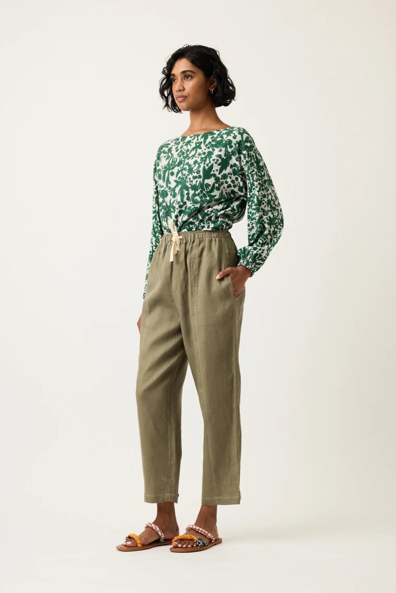 Nancybird soft cotton elastic waist Sol pant in khaki agave.