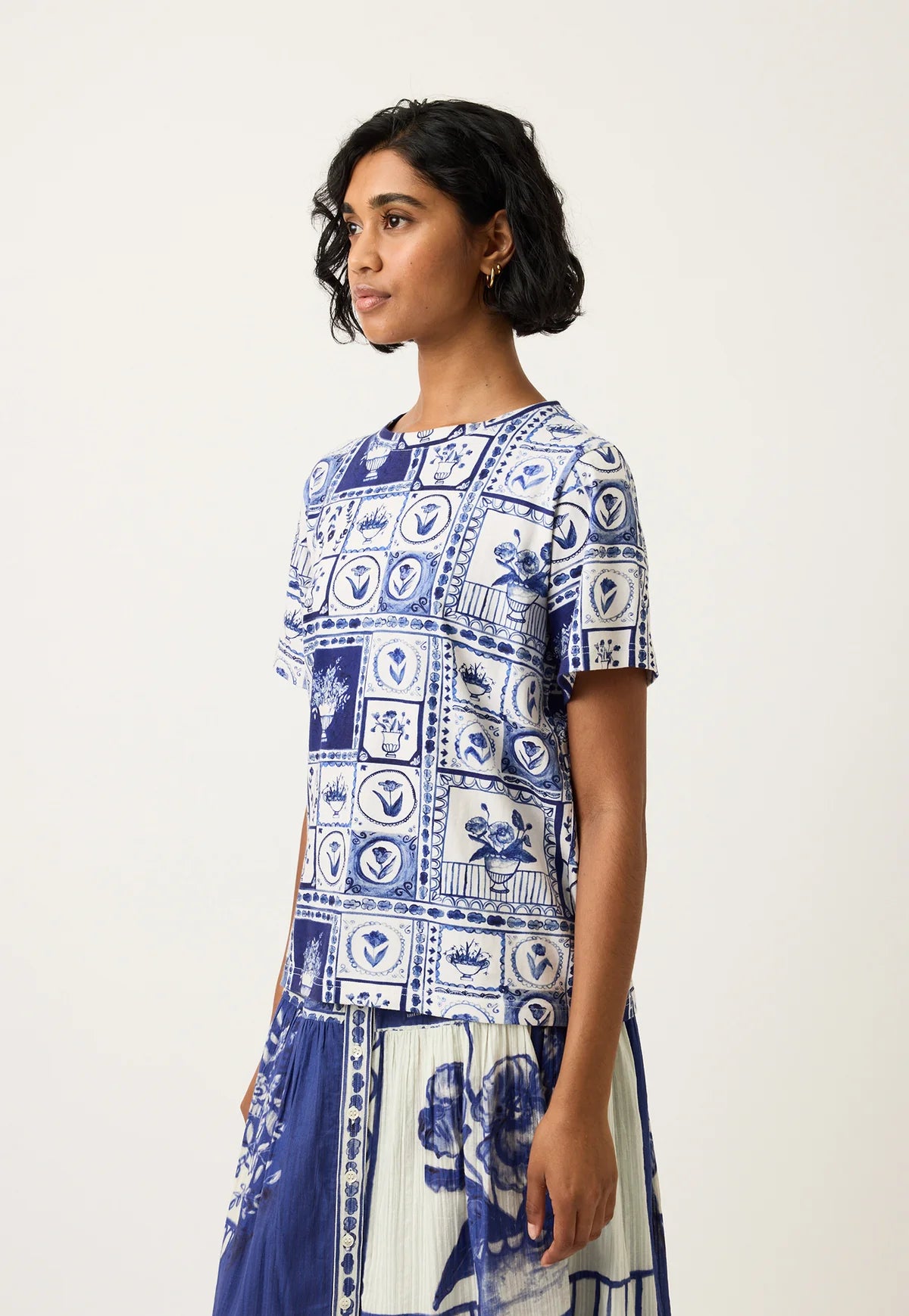 Nancybird organic cotton Lyon tile blue and white print Apollo tshirt.