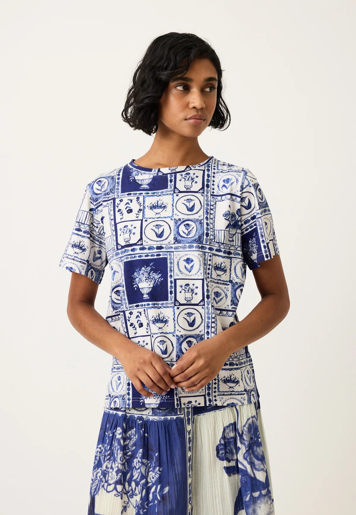Nancybird organic cotton Lyon tile blue and white print Apollo tshirt.